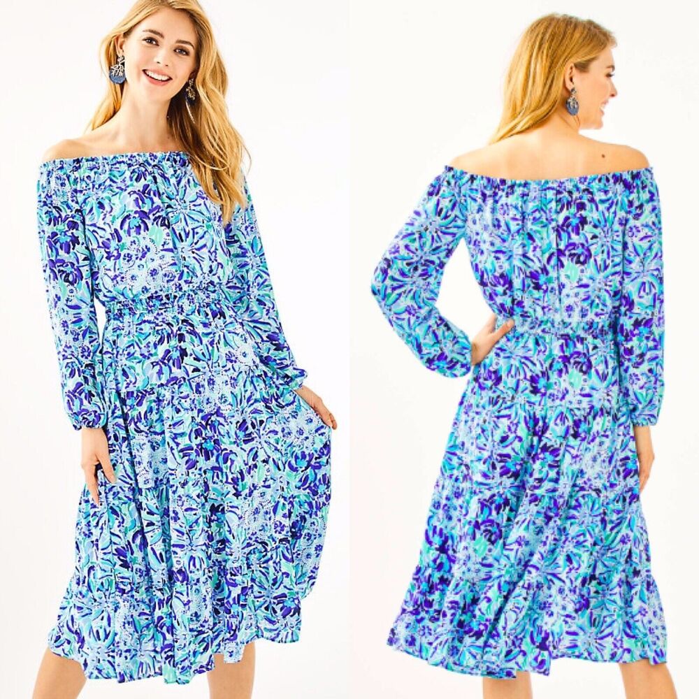 Lilly Pulitzer Women XXS Jennie Midi Dress Iris Blue High Maintenance Tiered NEW
